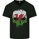 Wales Skull Welsh Gym Biker Flag Mens V-Neck Cotton T-Shirt Black