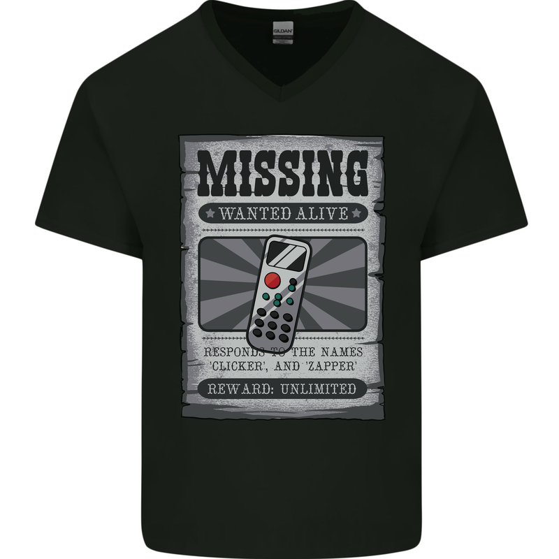Wanted Remote Control Funny TV Lost Misplaced Mens V-Neck Cotton T-Shirt Black