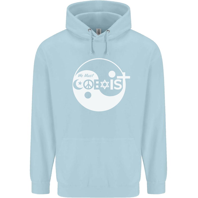 We Must Coexist World Peace Love Religion Hippy Childrens Kids Hoodie Light Blue