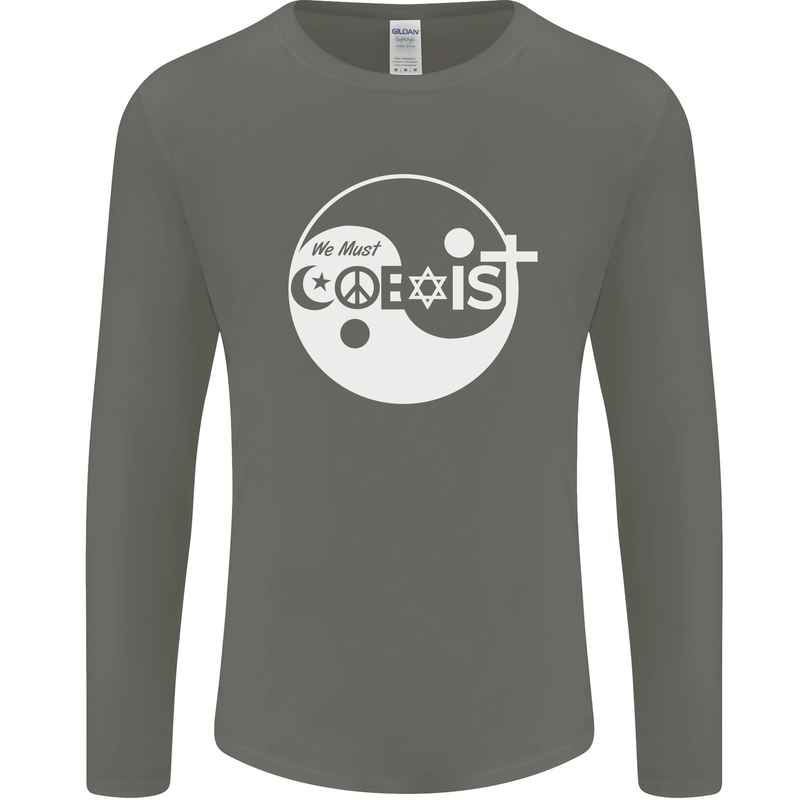 We Must Coexist World Peace Love Religion Hippy Mens Long Sleeve T-Shirt Charcoal