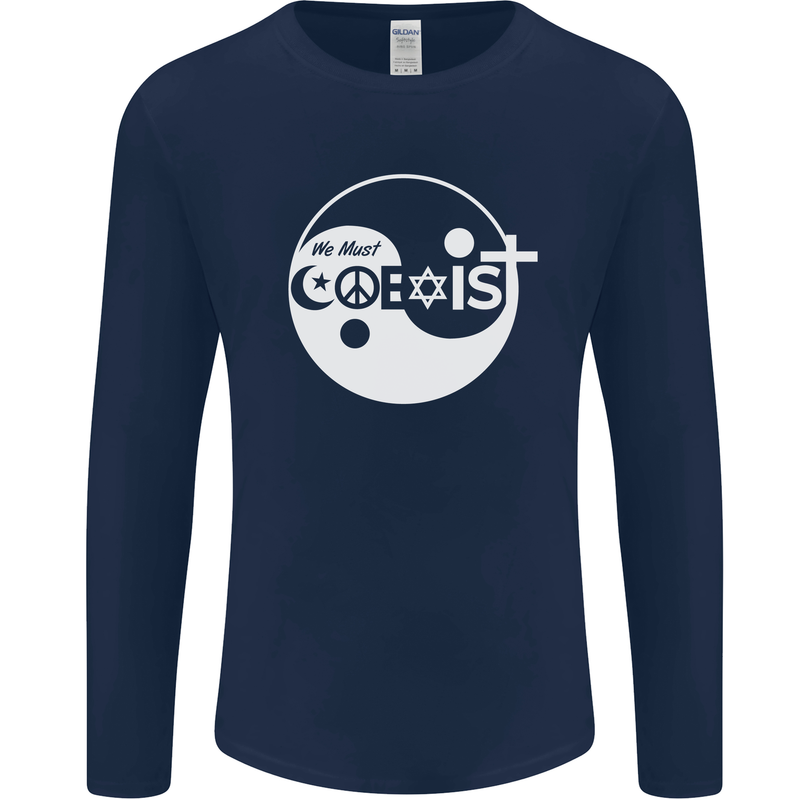 We Must Coexist World Peace Love Religion Hippy Mens Long Sleeve T-Shirt Navy Blue