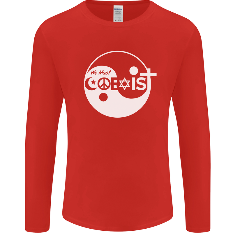 We Must Coexist World Peace Love Religion Hippy Mens Long Sleeve T-Shirt Red