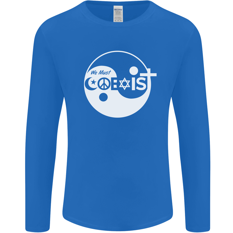 We Must Coexist World Peace Love Religion Hippy Mens Long Sleeve T-Shirt Royal Blue