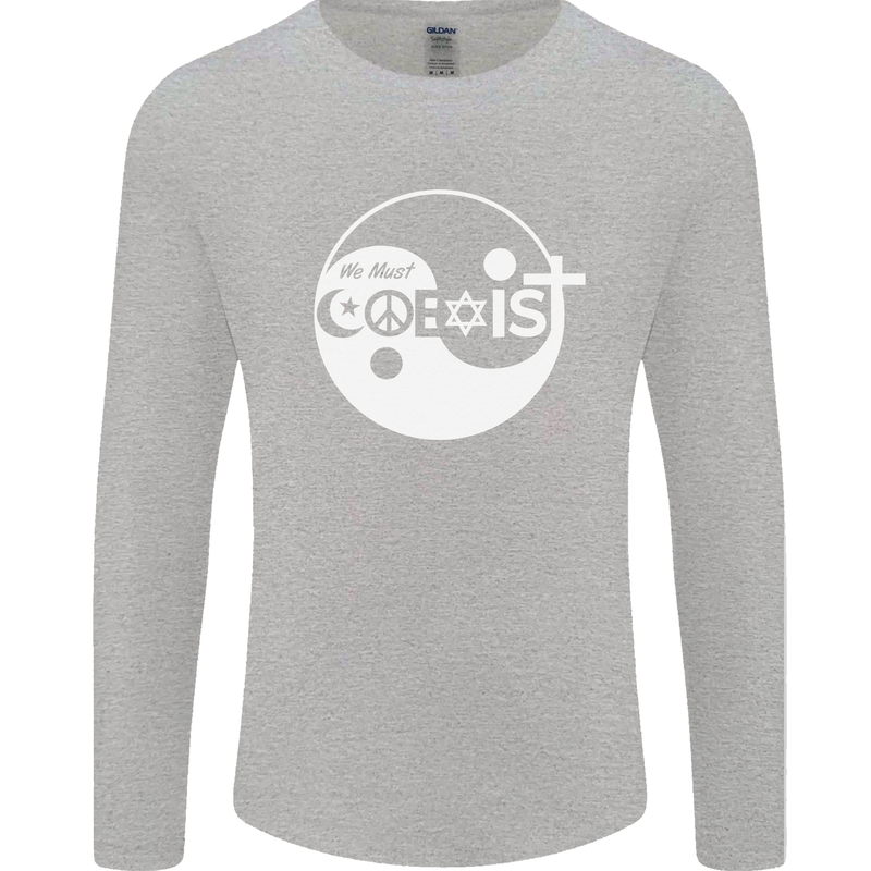 We Must Coexist World Peace Love Religion Hippy Mens Long Sleeve T-Shirt Sports Grey