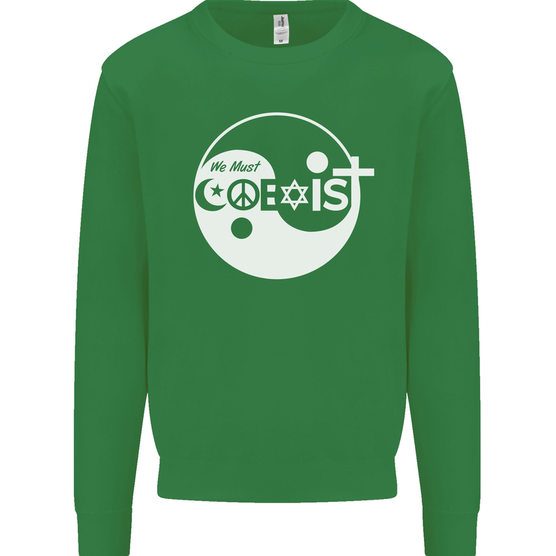 We Must Coexist World Peace Love Religion Hippy Mens Sweatshirt Jumper Irish Green