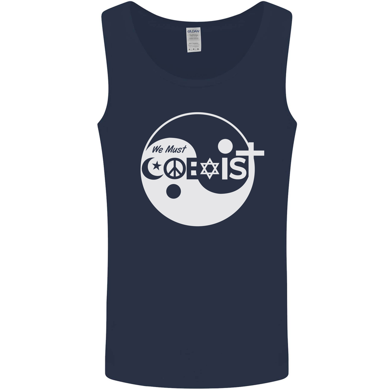 We Must Coexist World Peace Love Religion Hippy Mens Vest Tank Top Navy Blue