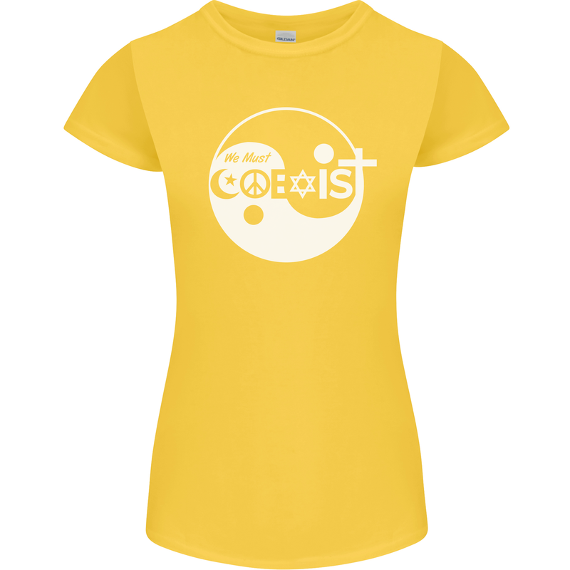We Must Coexist World Peace Love Religion Hippy Womens Petite Cut T-Shirt Yellow