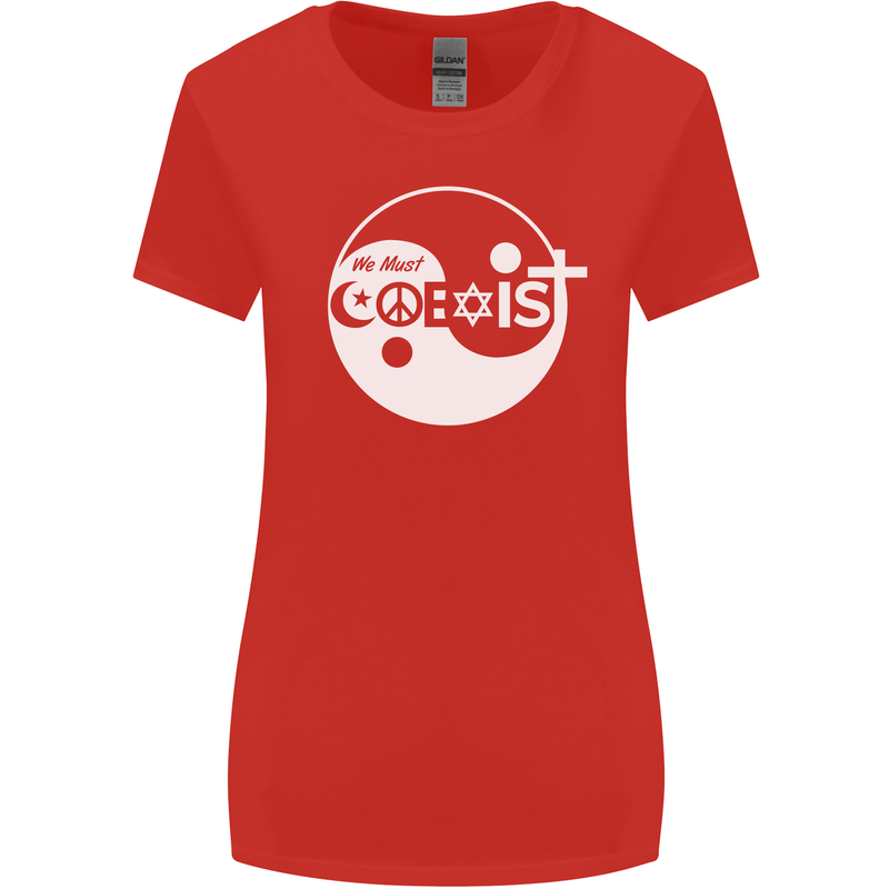We Must Coexist World Peace Love Religion Hippy Womens Wider Cut T-Shirt Red
