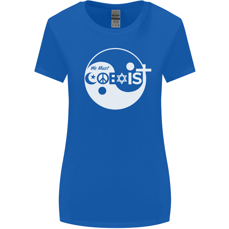 We Must Coexist World Peace Love Religion Hippy Womens Wider Cut T-Shirt Royal Blue