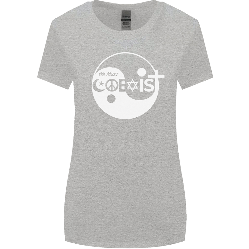 We Must Coexist World Peace Love Religion Hippy Womens Wider Cut T-Shirt Sports Grey