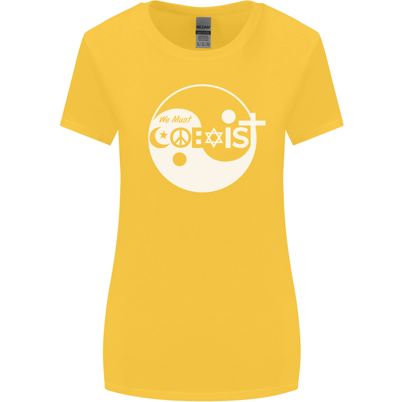 We Must Coexist World Peace Love Religion Hippy Womens Wider Cut T-Shirt Yellow