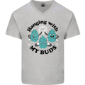 Weed Hanging With My Buds Cannabis Funny Mens V-Neck Cotton T-Shirt Sports Grey