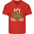Weed My HealTHCare Cannabis Funny THC Mens V-Neck Cotton T-Shirt Red