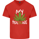 Weed My HealTHCare Cannabis Funny THC Mens V-Neck Cotton T-Shirt Red