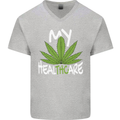 Weed My HealTHCare Cannabis Funny THC Mens V-Neck Cotton T-Shirt Sports Grey