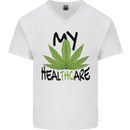 Weed My HealTHCare Cannabis Funny THC Mens V-Neck Cotton T-Shirt White