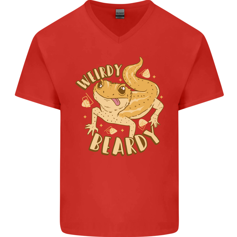 Weirdy Beardy Funny Bearded Dragon Mens V-Neck Cotton T-Shirt Red
