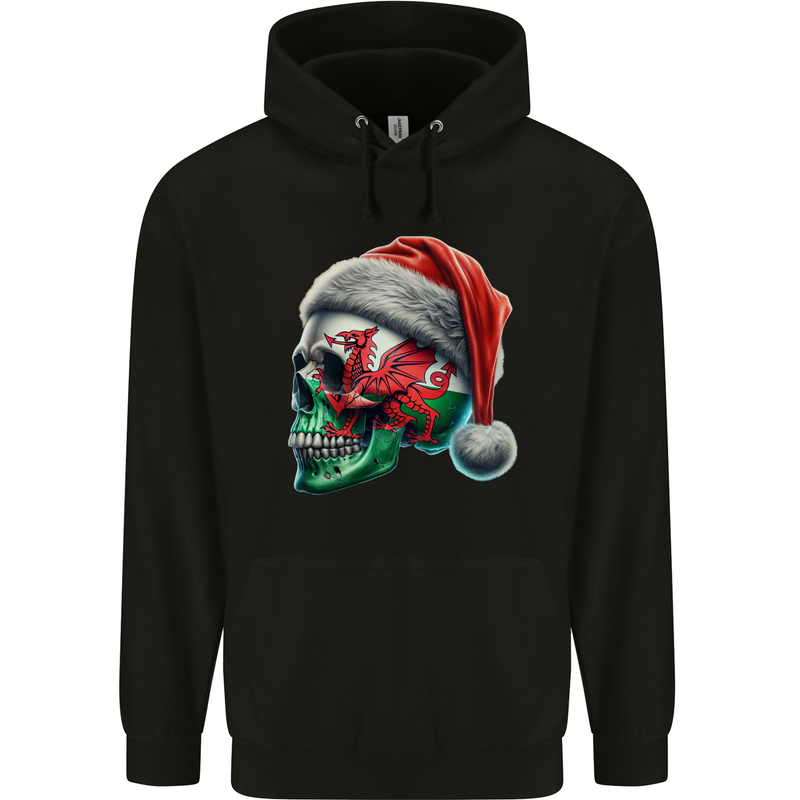 Welsh Christmas Skull Xmas Wales Flag Biker Rugby Childrens Kids Hoodie Black