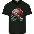 Welsh Christmas Skull Xmas Wales Flag Biker Rugby Mens V-Neck Cotton T-Shirt Black