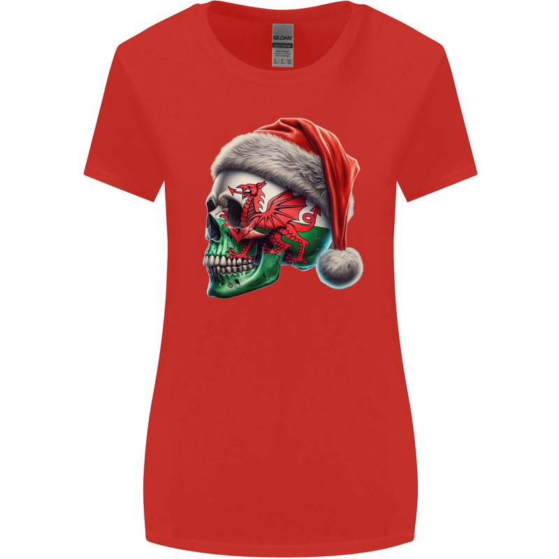 Welsh Christmas Skull Xmas Wales Flag Biker Rugby Womens Wider Cut T-Shirt Red