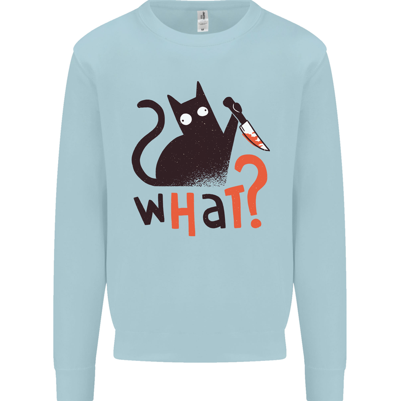 What? Funny Murderous Black Cat Halloween Kids Sweatshirt Jumper Light Blue