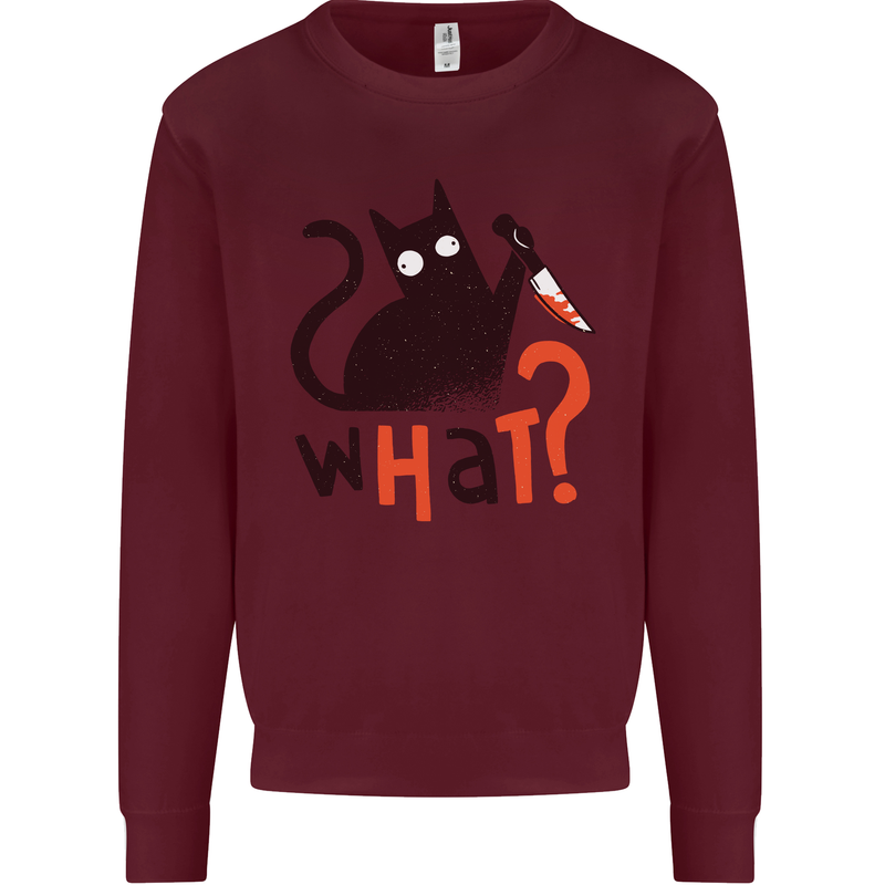 What? Funny Murderous Black Cat Halloween Kids Sweatshirt Jumper Maroon