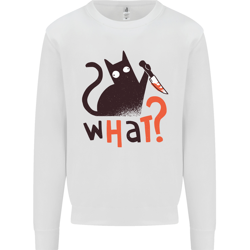 What? Funny Murderous Black Cat Halloween Kids Sweatshirt Jumper White