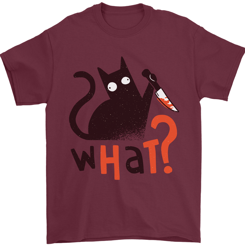 What? Funny Murderous Black Cat Halloween Mens T-Shirt 100% Cotton Maroon