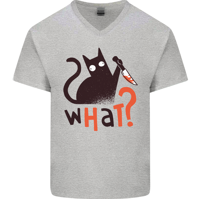 What? Funny Murderous Black Cat Halloween Mens V-Neck Cotton T-Shirt Sports Grey