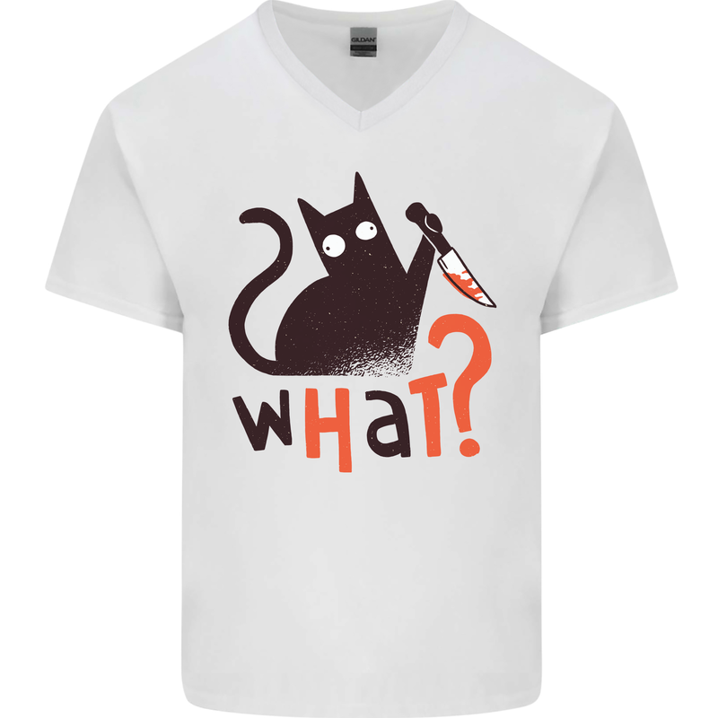 What? Funny Murderous Black Cat Halloween Mens V-Neck Cotton T-Shirt White