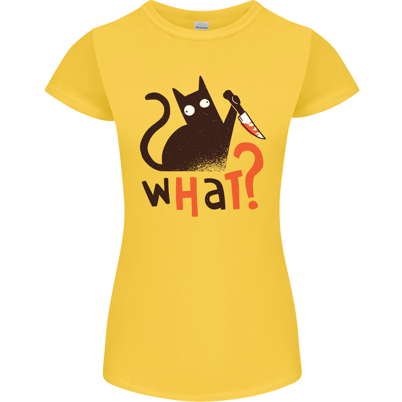 What? Funny Murderous Black Cat Halloween Womens Petite Cut T-Shirt Yellow