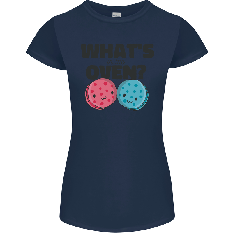What's in the Oven Gender Reveal New Baby Pregnancy Womens Petite Cut T-Shirt Navy Blue