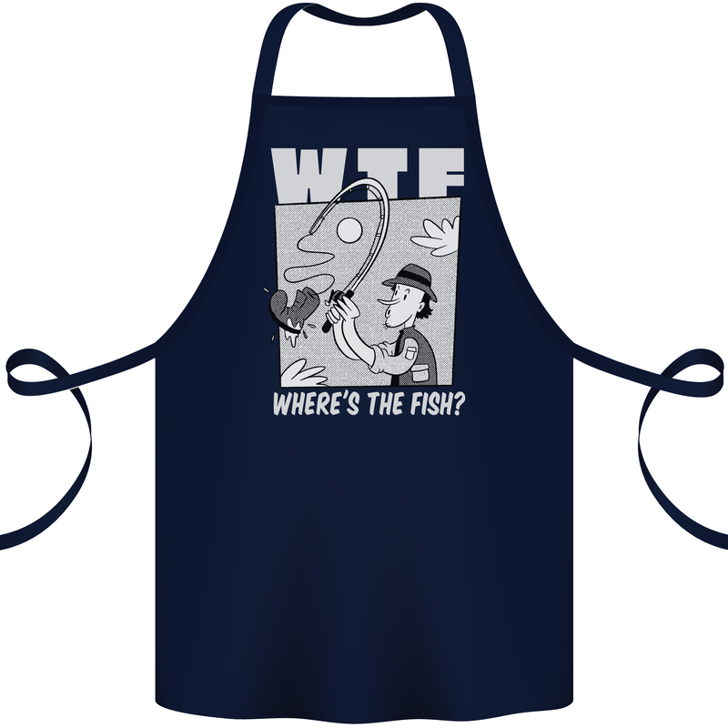 Wheres the Fish WTF Funny Fishing Fisherman Cotton Apron 100% Organic Navy Blue