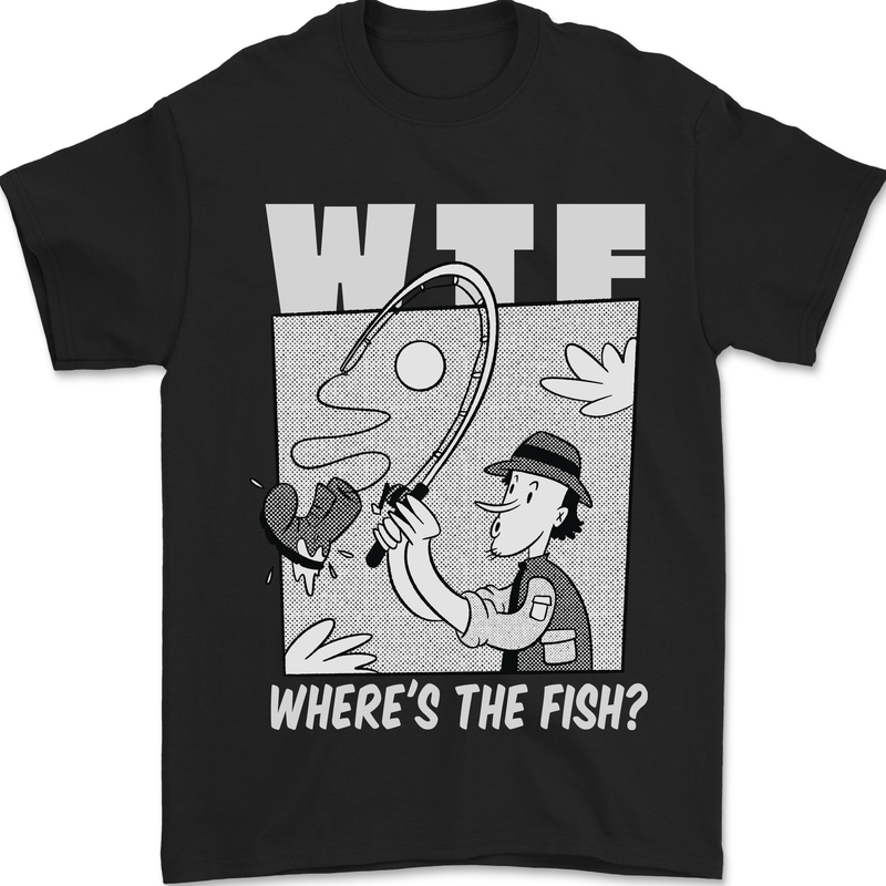 a black t - shirt with a cartoon of a man holding a fishing rod