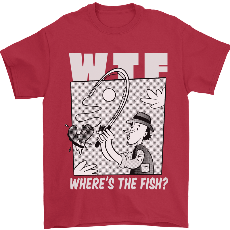Wheres the Fish WTF Funny Fishing Fisherman Mens T-Shirt 100% Cotton Red