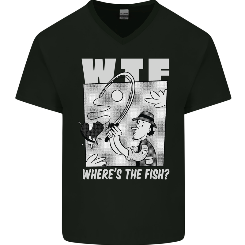 Wheres the Fish WTF Funny Fishing Fisherman Mens V-Neck Cotton T-Shirt Black