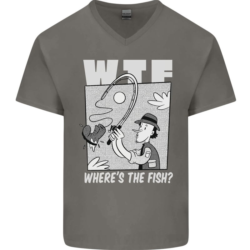 Wheres the Fish WTF Funny Fishing Fisherman Mens V-Neck Cotton T-Shirt Charcoal