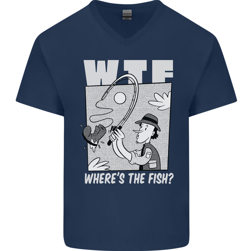 Wheres the Fish WTF Funny Fishing Fisherman Mens V-Neck Cotton T-Shirt Navy Blue