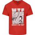 Wheres the Fish WTF Funny Fishing Fisherman Mens V-Neck Cotton T-Shirt Red