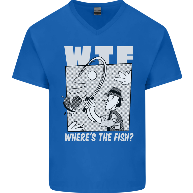 Wheres the Fish WTF Funny Fishing Fisherman Mens V-Neck Cotton T-Shirt Royal Blue