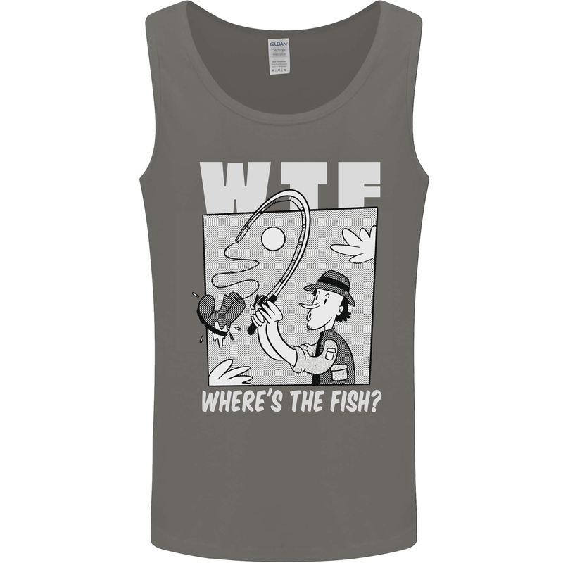 Wheres the Fish WTF Funny Fishing Fisherman Mens Vest Tank Top Charcoal