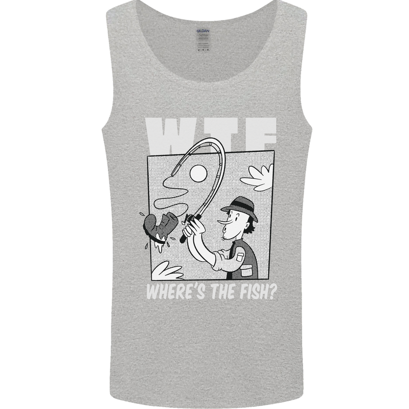 Wheres the Fish WTF Funny Fishing Fisherman Mens Vest Tank Top Sports Grey