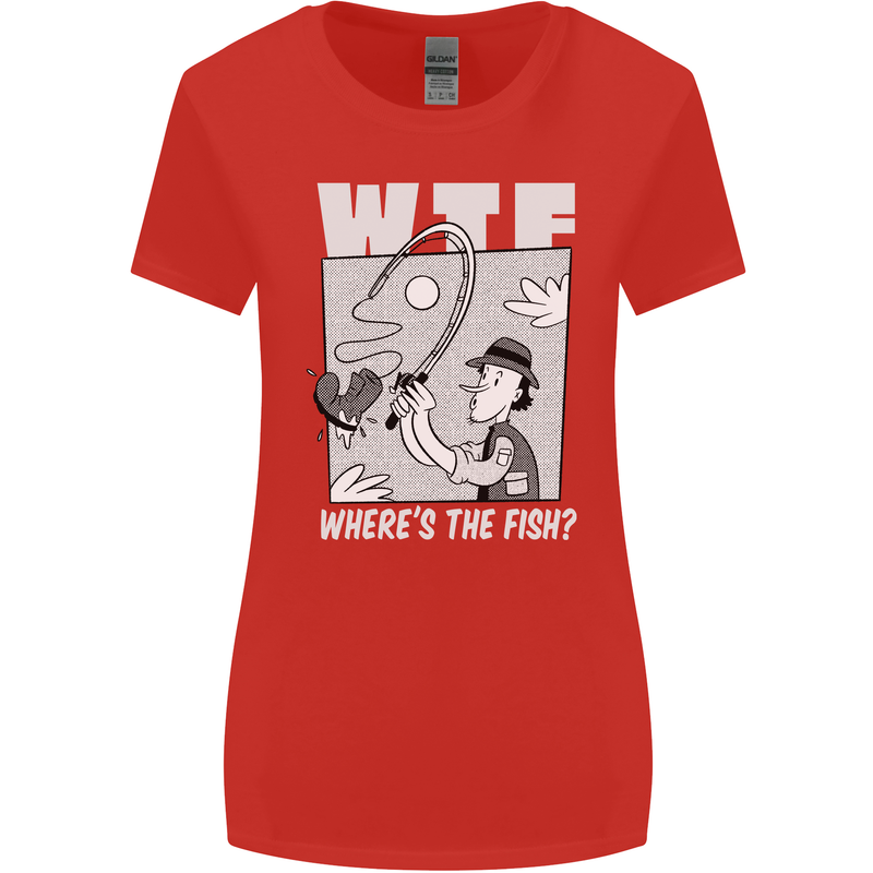 Wheres the Fish WTF Funny Fishing Fisherman Womens Wider Cut T-Shirt Red