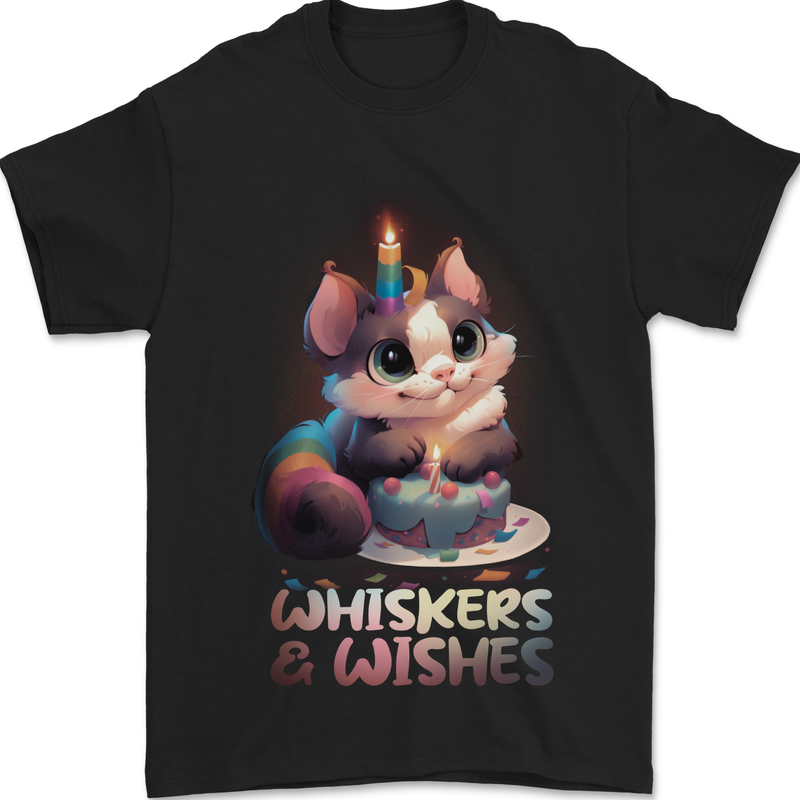 Whiskers & Wishes Cat Birthday Mens T-Shirt 100% Cotton Black