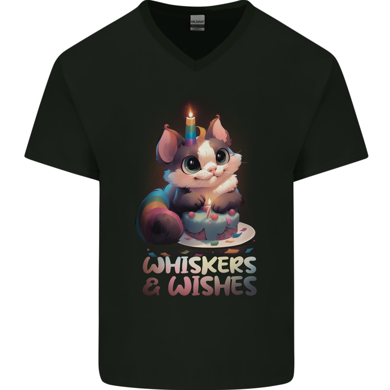 Whiskers & Wishes Cat Birthday Mens V-Neck Cotton T-Shirt Black