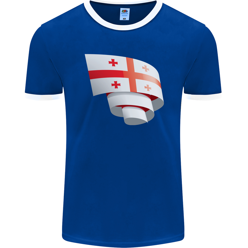 Curled Georgia Flag Georgian Day Football Mens Ringer T-Shirt FotL Royal Blue/White