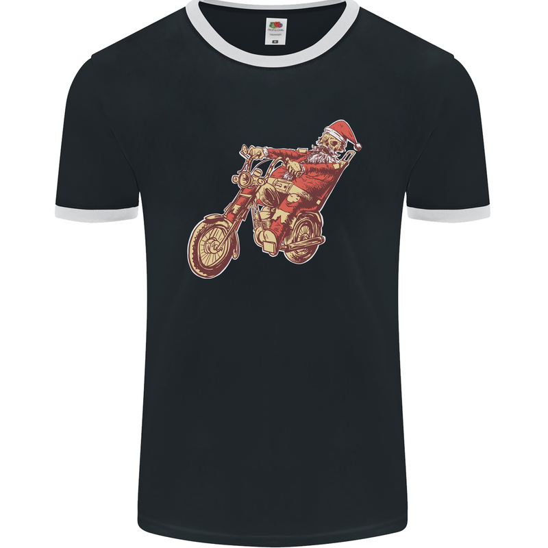 Biker Santa Christmas Motorcycle Chopper Skull Mens Ringer T-Shirt FotL Black/White