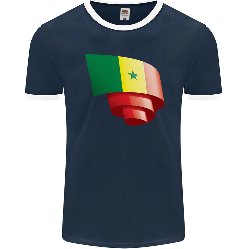 Curled Senegal Flag Senegalese Day Football Mens Ringer T-Shirt FotL Navy Blue/White