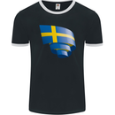 Curled Swedish Flag Sweden Day Football Mens Ringer T-Shirt FotL Black/White