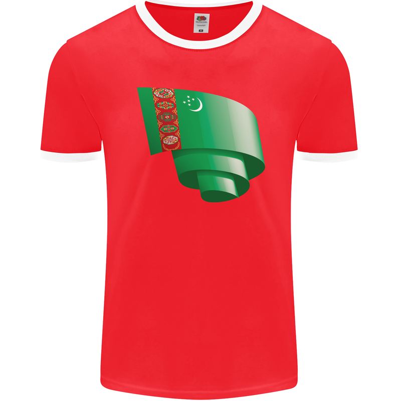 Curled Turkmenistan Flag The Turkmen Day Football Mens Ringer T-Shirt FotL Red/White